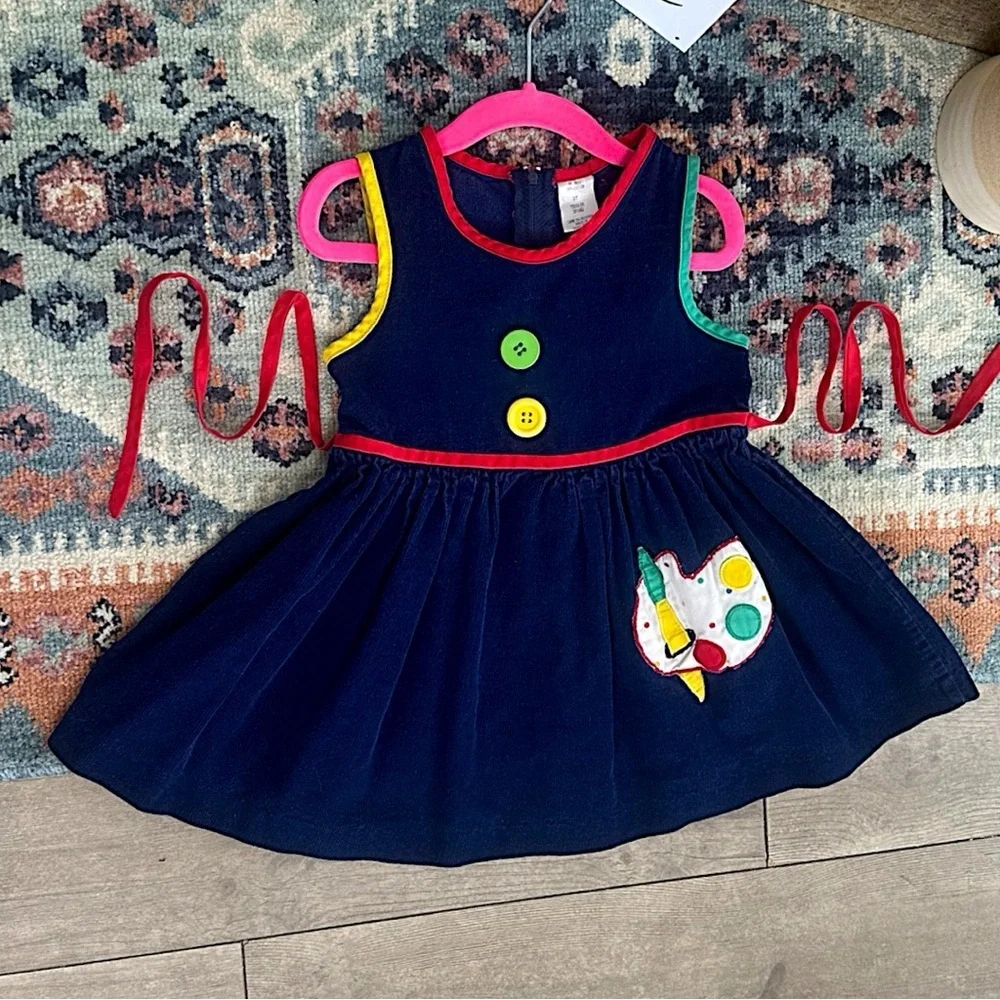 Vintage 80s Toddler Girl Back to School Dress Paint Palette Applique Corduroy